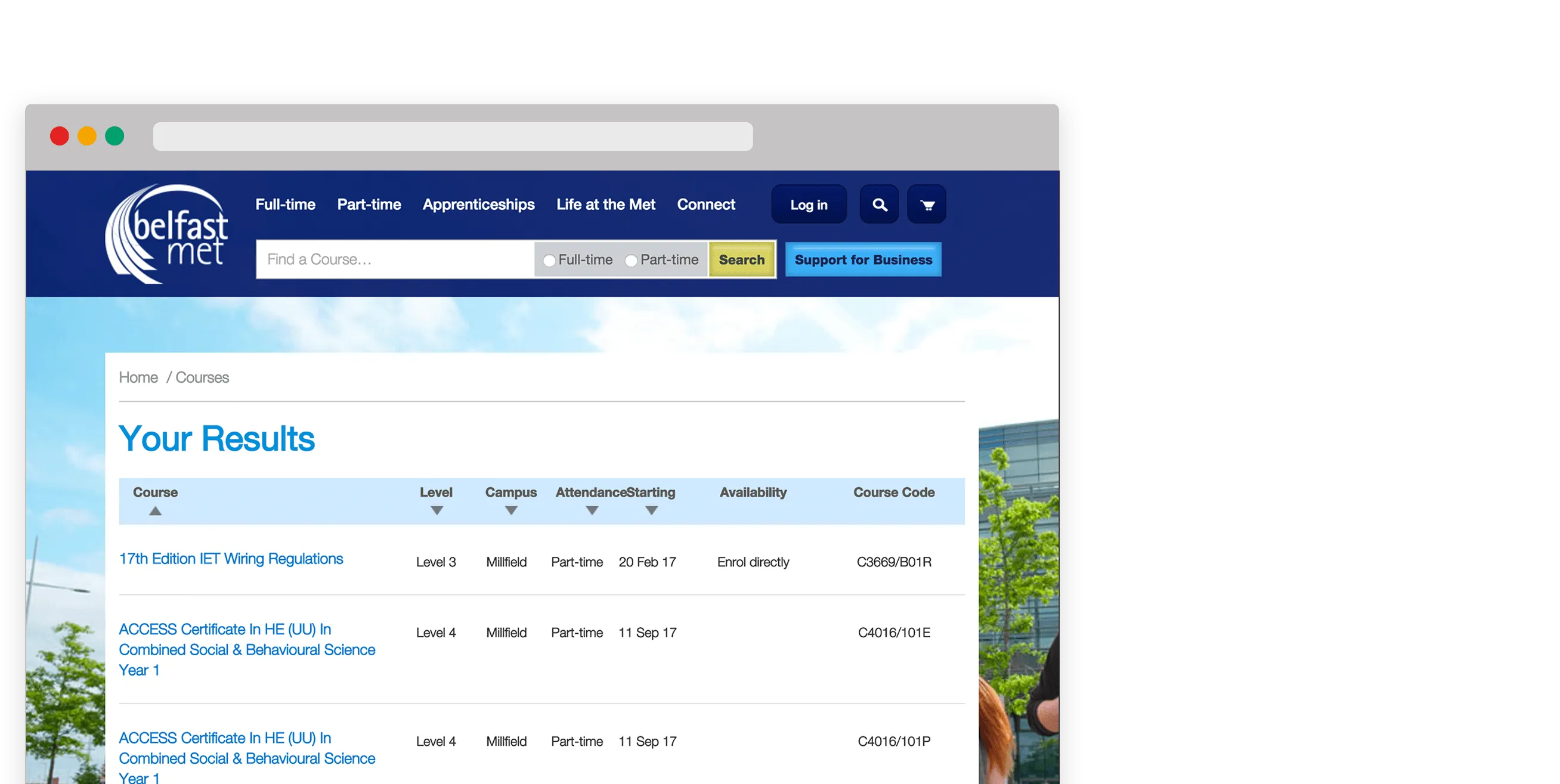 Belfast Met Website Development Responsive Left Window